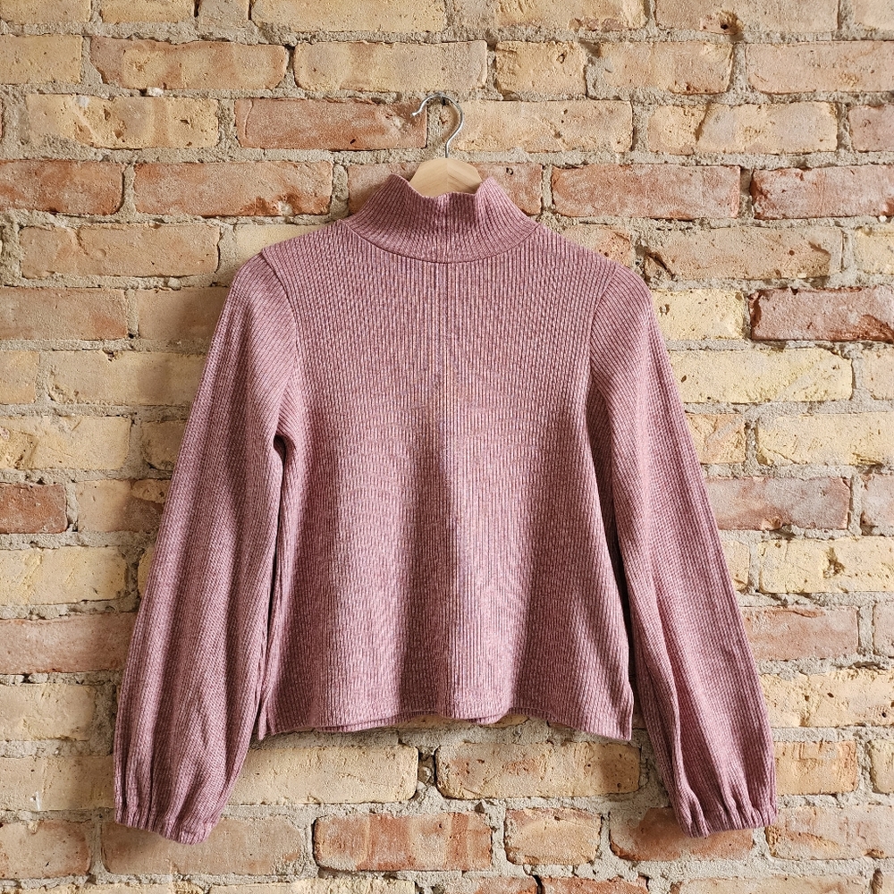 Madewell Pink Ribbed Mock Neck Balloon Sleeve Top Size Small